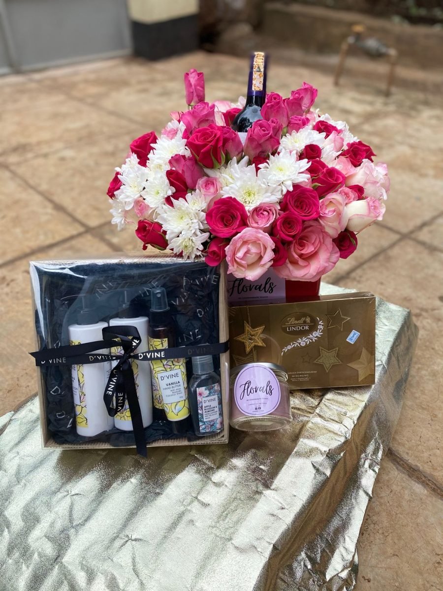 Gift Hamper: Flowers, Wine, Beauty Kits